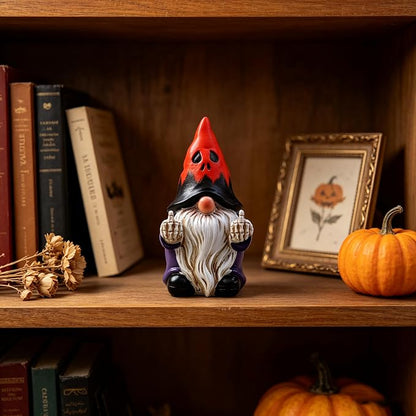 Halloween Middle Finger Gnome Statue with Skeleton Hands - Spooky Ghost Face Hat Resin Figurine 3.5in, Weather Resistant Indoor Outdoor Decor for Patio Yard Halloween Party, Novelty Edgy Gift