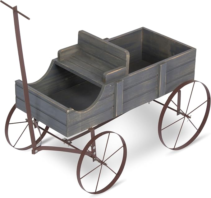 Shine Company Decorative Wagon Garden Planter, Wooden Wagon Yard Décor for Outdoor Plants, Small, Gray