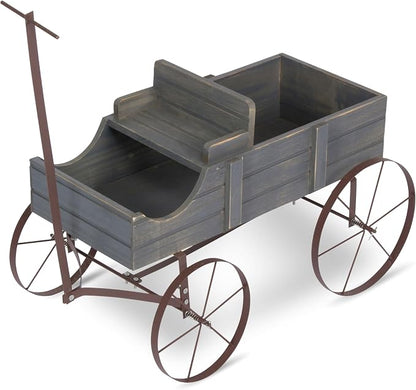 Shine Company Decorative Wagon Garden Planter, Wooden Wagon Yard Décor for Outdoor Plants, Small, Gray