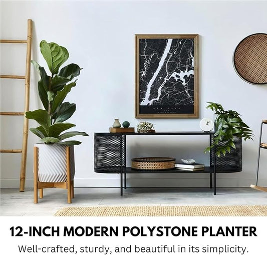 Fox & Fern Large Indoor Planter, Modern Large Plant Pot for Indoor or Outdoor, UV and Frost Resistant - 12 Inch, Matte White Flower Pot with Drainage Plug, 3D Printed Design