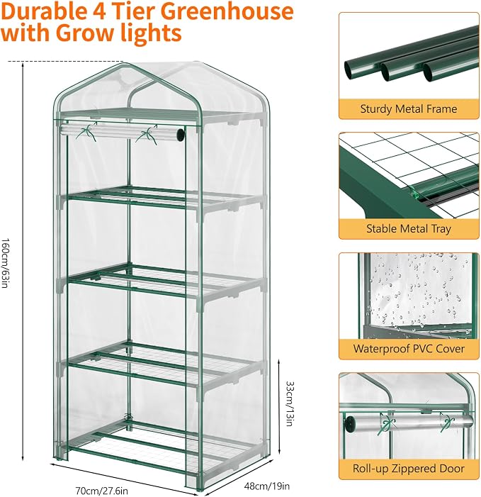 Indoor Greenhouse with Grow Light, 4-Tier Mini Greenhouse 27.6"x19"x63" Small Greenhouse with Zippered PVC Cover for Seed Starting Trays, Dimmable Plant Light for Indoor Plants with Timer