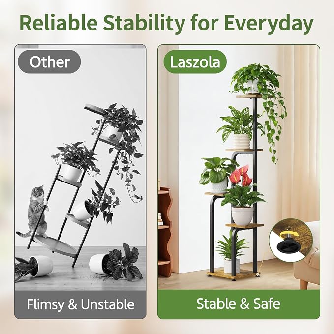 LASZOLA 5 Tiered Plant Stand Tall for Indoor Corner, Modern Multiple Flower Display Rack with Wooden Tray, Vertical Planter Shelf for Living Room Bedroom Patio Garden Balcony, Black Brown