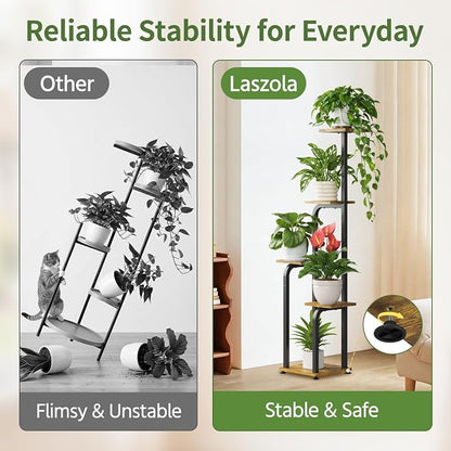 LASZOLA 5 Tiered Plant Stand Tall for Indoor Corner, Modern Multiple Flower Display Rack with Wooden Tray, Vertical Planter Shelf for Living Room Bedroom Patio Garden Balcony, Black Brown