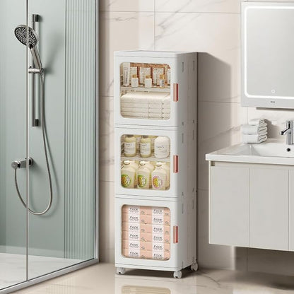 3-Tier Slim Bathroom Storage Cabinet for Small Space,White | Quick Assembly,Foldable,Plastic Organizers,Magnetic Doors,Adjustable Shelves,Narrow Storage Cabinet,Wheels
