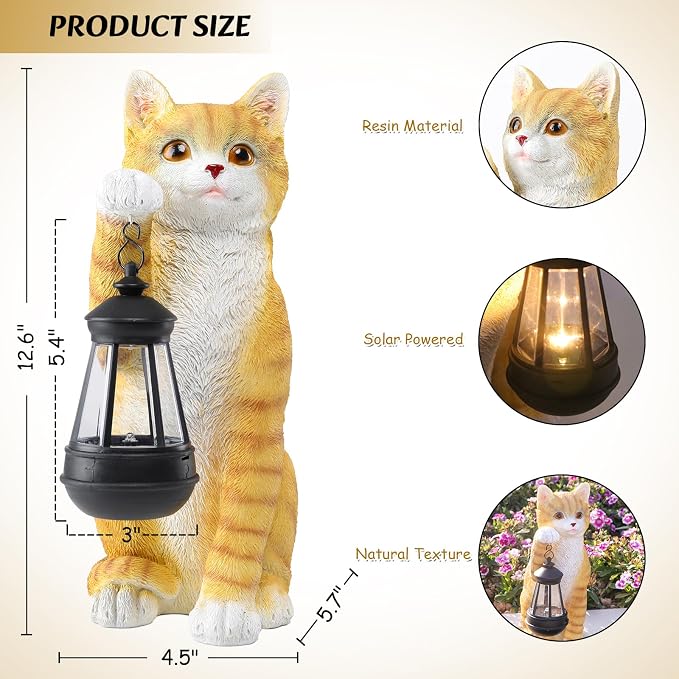 WONDER GARDEN Solar Cat Garden Statue - Outdoor Cat Statues, Orange Cat Figurines with Solar Lantern Light for Patio, Yard, Lawn, Gardening Gifts for Women and Mom(11" Orange Cat)