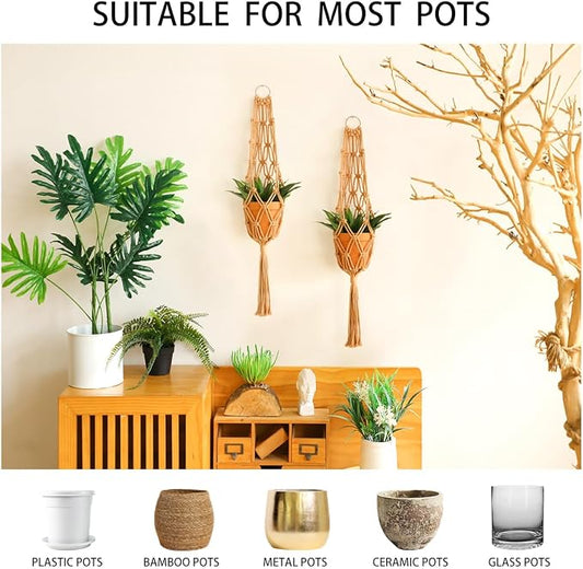 Artilady Hanging Planter for Indoor Plants Macrame Plant Hanger Large Hanging Plant Holder Brown Plants Basket White Rope Boho Original Wall Decor (Brown Plant Hanger-2pcs)