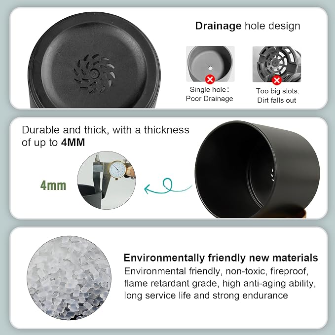 WSMKSZ 3 Pack 6/5/4 inch Cylindrical Flower Pots, Modern Small Round Plastic Plant Pots with Drainage Holes & Saucers, Clean and Refined Planter Pots for Outdoor, Indoor & Office Decor (Black Brown)