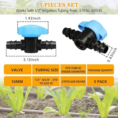 Gardrip 5 Pack 1/2 Inch Drip Irrigation Valve: 1/2 in. in-Line Shut Off Valves for 1/2 Inch Drip Irrigation Tubing (.570-.620" ID) Barbed Cut Off Switch Valve for Garden Irrigation System