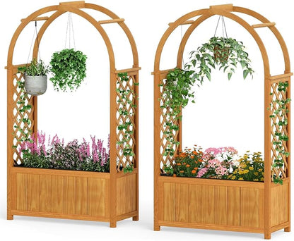 HAPPYGRILL Raised Garden Bed with Trellis, Wooden Elevated Planter Box w/Ached Roof & Detachable Bottom Panels, Liner, Drainage, Indoor Outdoor Wood Planter for Climbing Plants Vine Flower (2)