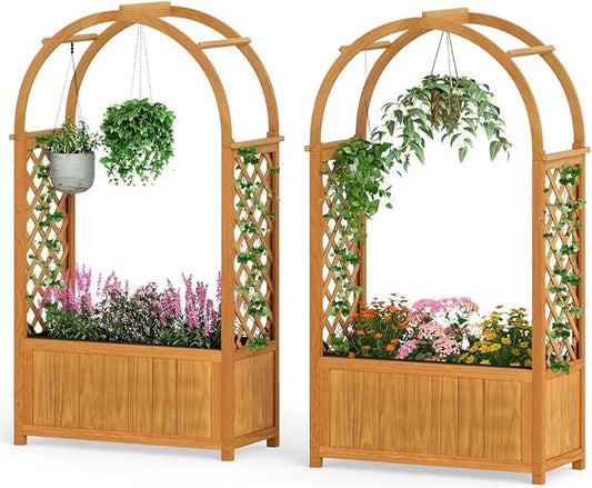 HAPPYGRILL Raised Garden Bed with Trellis, Wooden Elevated Planter Box w/Ached Roof & Detachable Bottom Panels, Liner, Drainage, Indoor Outdoor Wood Planter for Climbing Plants Vine Flower (2)