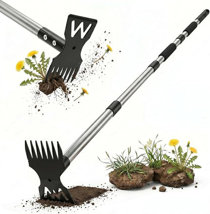 60" Weed Puller Tool with Long Handle, Heavy Duty 2-in-1 Stand Up Weeding Tool & Garden Hoe, Manual Weed Remover and Hand Rake for Yard, Lawn, Patio Gardening