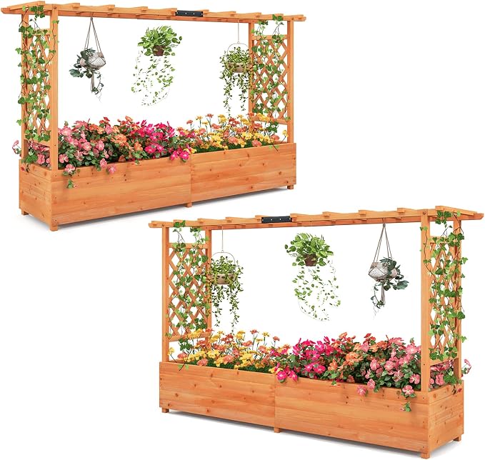 Giantex 2 Pcs Raised Garden Bed with Trellis & Hanging Roof, Wood Planter Box with Bottom & Drainage Holes, Freestanding Garden Planter for Flower Fruit Vegetable Herb Climbing Vine (77"x14.5"x45")