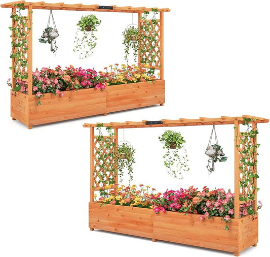 Giantex 2 Pcs Raised Garden Bed with Trellis & Hanging Roof, Wood Planter Box with Bottom & Drainage Holes, Freestanding Garden Planter for Flower Fruit Vegetable Herb Climbing Vine (77"x14.5"x45")