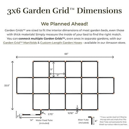 Garden Grid Watering System - 3x6 Cornerless | Raised Garden Bed Drip Irrigation System - But Better | Pre-Assembled, Waters Every Plant Evenly | for Beds w/Corner Posts or Curved Ends | 33.5"x66"