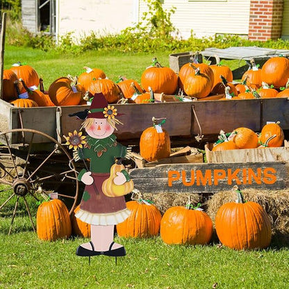 YEAHOME Outdoor Fall Decor, Metal Girl Scarecrow Garden Stakes with Sunflowers & Pumpkin for Fall Decorations, Scarecrow Yard Signs for Outside Garden Lawn Porch Thanksgiving Decorations Outdoor