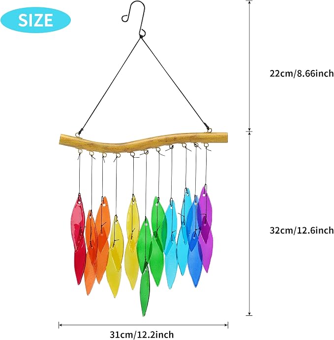 Solar Wind Chimes Outdoor with Glass and Copper (Glass Leaf 1) | Solar Powered, Garden Decor, Patio Decor, Glass and Copper, Outdoor Use