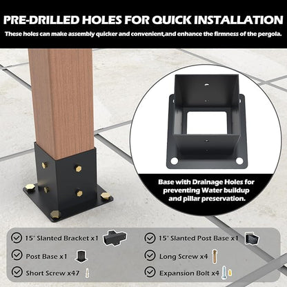 Pergola Kit with Brackets, 15°Slanted Roof Pergola Bracket Kit, Roof Wall Mount Extension Bracket Kit 4-Way Brackets for Pergolas,Log Cabin Outdoor Pergola 4"x 4" (Actual 3.5" X 3.5") Lumber