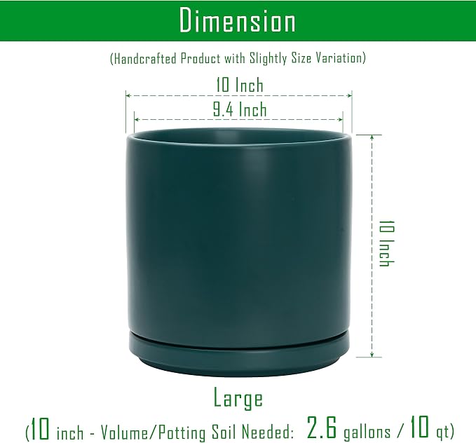 D'vine Dev 10 Inch Ceramic Planter Pot with Drainage Hole and Saucer, Indoor Cylinder Round Planter Pot, Teal, 94-O-E-9