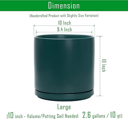 D'vine Dev 10 Inch Ceramic Planter Pot with Drainage Hole and Saucer, Indoor Cylinder Round Planter Pot, Teal, 94-O-E-9