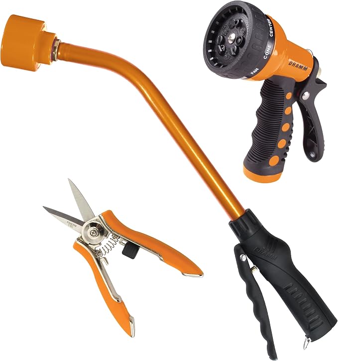 DRAMM 50032 Watering and Tool Set in Green Includes 16-Inch Touch 'N Flow Pro Rain Wand, 9-Pattern Revolver Spray Gun, and Compact Shear, Orange