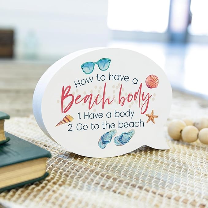 P. Graham Dunn How to Beach Body Nautical White 5.75 x 4.25 Wood Tabletop Thought Bubble Sign
