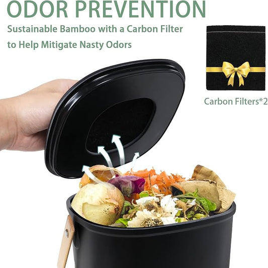 Vipush Compost Bin Kitchen Countertop Compost Bin with lid – Small Compost Bin Made of Sustainable Bamboo Fiber Includes Charcoal Filter, Black