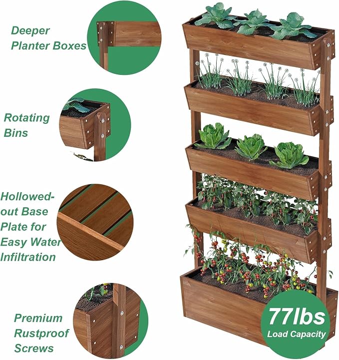 Vertical Raised Garden Bed,5 Tier Wooden Garden Planters,Adjustable Freestanding Plant Stand Flower Rank,Wooden Planters for Outdoor Indoor Balcony Garden,Herb Vegetables Flowers,33x17x66,Brown