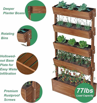 Vertical Raised Garden Bed,5 Tier Wooden Garden Planters,Adjustable Freestanding Plant Stand Flower Rank,Wooden Planters for Outdoor Indoor Balcony Garden,Herb Vegetables Flowers,33x17x66,Brown