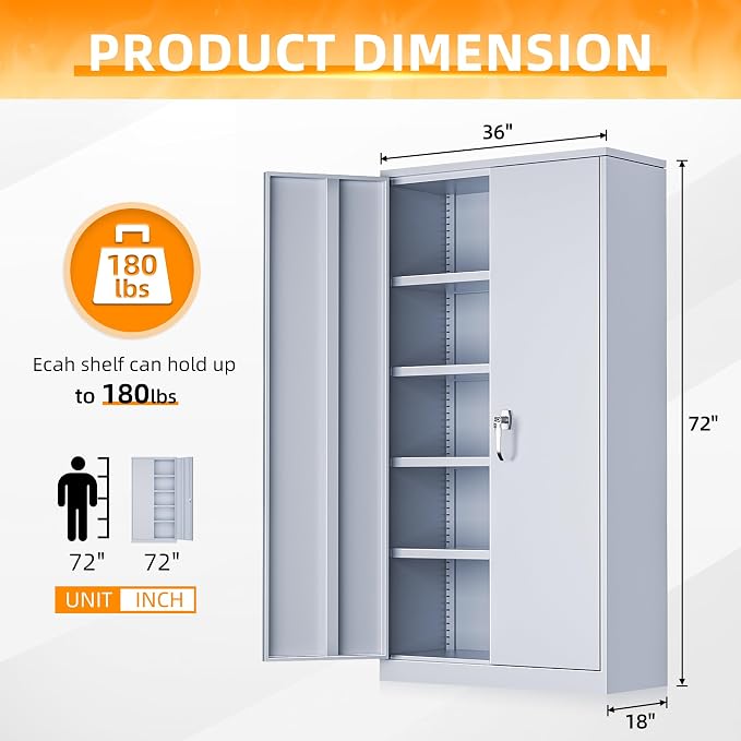 INTERGREAT Metal Storage Cabinet with Doors, 72" Locking Steel Storage Cabinet with Shelves, Tall Metal Cabinet Lockable Steel Cabinets for Home Office, Garage,(Cement)