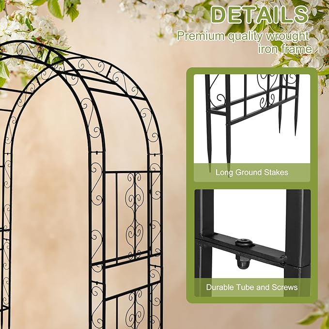Outvita 7FT Metal Garden Arch Arbor, Black Trellis Frame | Heavy duty metal arbour with 7 in ground stakes; for roses, vines, lawn, patio, wedding & party decor