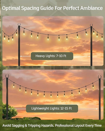 LAND·VOI String Light Poles 2 Pack, Heavy Duty Outdoor Light Poles with Upgraded 5‑Prong Base, Anti‑Bending Stable Design for Backyard Patio Garden Wedding Party Decoration