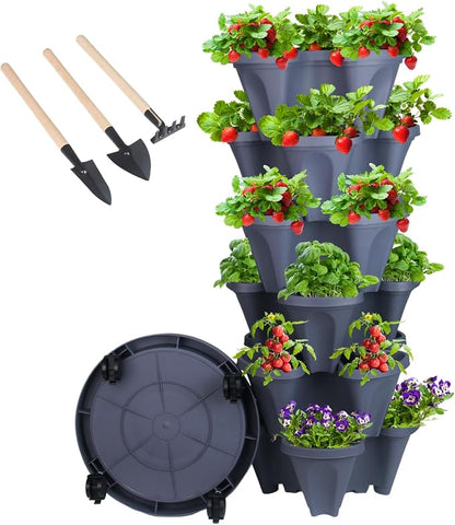GameXcel Vertical Planter Tower - 6 Tier Stackable Garden Planters with Wheels and Tools Plant Pots for Strawberry Herb Flower and Vegetable Indoor Outdoor Use Dark Gray