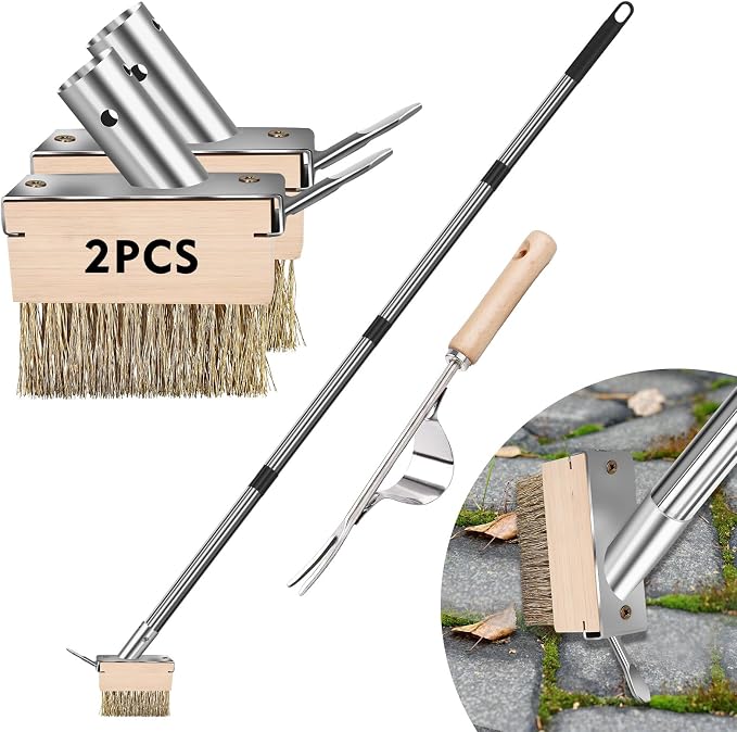 Crack Weeder Tool, Weed Puller Tool with 2 Heads&Scraping Hook, Paver Weeding Moss Remover Brush with Steel Handle for Cleaning Paving Joint Sidewalk Patio Stone Driveway Deck Black