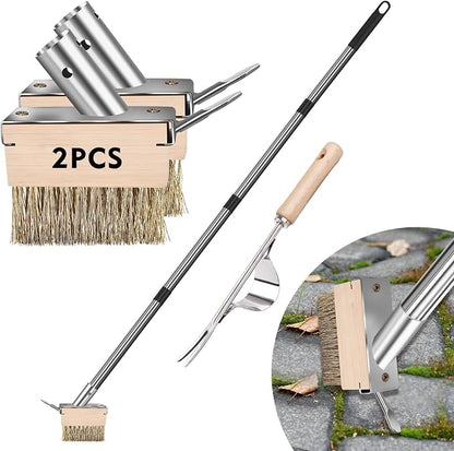 Crack Weeder Tool, Weed Puller Tool with 2 Heads&Scraping Hook, Paver Weeding Moss Remover Brush with Steel Handle for Cleaning Paving Joint Sidewalk Patio Stone Driveway Deck Black