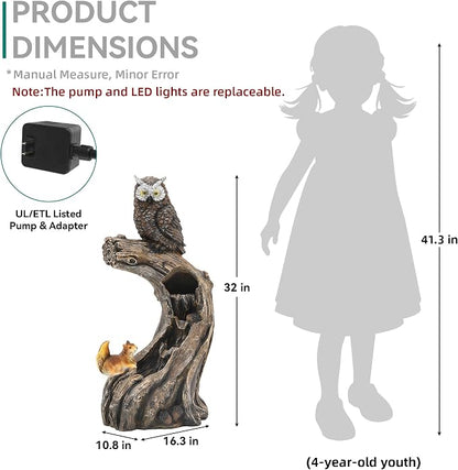 32" H Owl Tree Trunk Outdoor Fountain with Warm LED Lights | Forest Style 4-Tiers Water Feature with Soothing Cascading Waterfall for Patio, Backyard, Garden or Porch