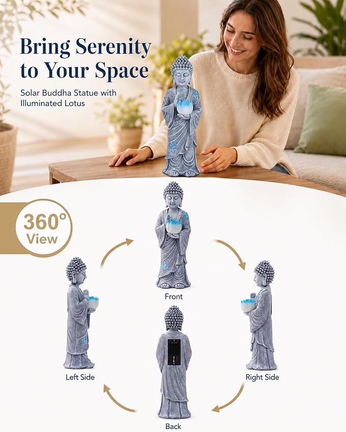 Nacome Solar Buddha Garden Statue Decor: Standing Resin Figurine with Lotus Flower Light Zen Sculpture for Patio Lawn Yard Porch Balcony Meditation Space - 11 inches(Gray)