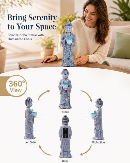 Nacome Solar Buddha Garden Statue Decor: Standing Resin Figurine with Lotus Flower Light Zen Sculpture for Patio Lawn Yard Porch Balcony Meditation Space - 11 inches(Gray)