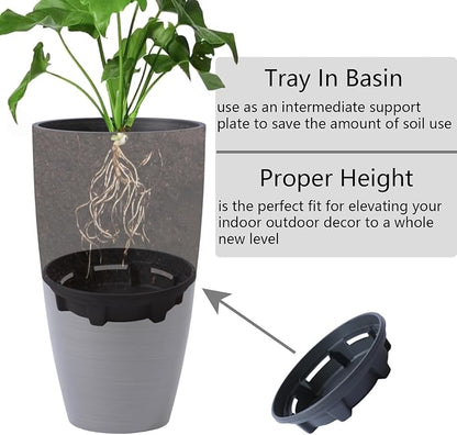 Tall Round Planter 2Pack-11.8"W*21"H Dark Wooden Grain Finish Flower Pots Indoor Decorative Container Garden Patio Outdoor Indoor Plants Unbreakable Resin With Drainage Hole&Movable Insert Shelf