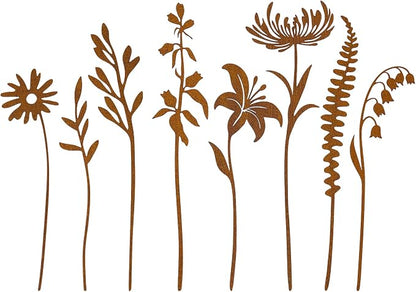 8-Piece Wildflower Metal Flower Garden Stakes | Flower Bed Accent, Pot and Patio Display, Rustic Metal Finish, Yard Art Style