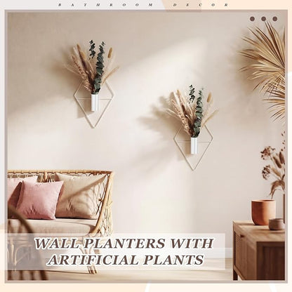 Jexine 4 Pcs Hanging Planters with Artificial Pampas White Metal Hanging Vase Indoor Plants Holder Modern Geometric Boho Bathroom Wall Decor for Living Room Home Office