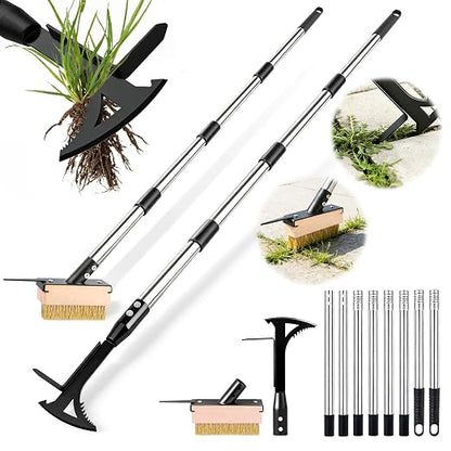 2 Crack Weeder Tool Set—5.1in Extended Metal Crevice Weeding Brush & Multi-Blade L-Shape Manganese Steel Weed Puller,Weeding Moss Remover Tool for Weeding