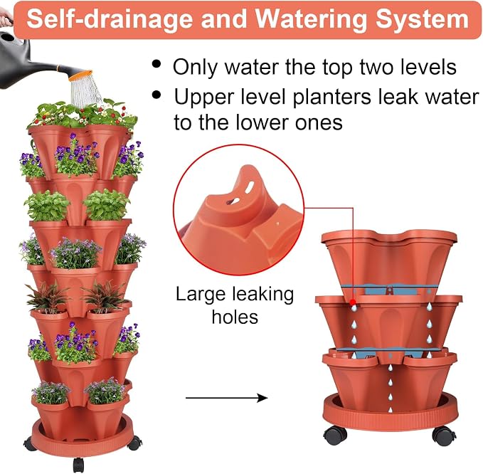 GameXcel Vertical Planter Tower - 7 Tier Stackable Garden Planters with Wheels and Tools Plant Pots for Strawberry Herb Flower and Vegetable Indoor Outdoor Use Red