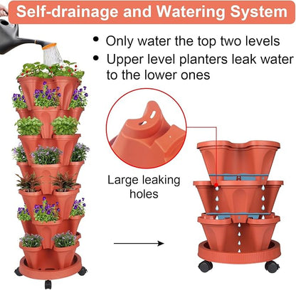 GameXcel Vertical Planter Tower - 7 Tier Stackable Garden Planters with Wheels and Tools Plant Pots for Strawberry Herb Flower and Vegetable Indoor Outdoor Use Red