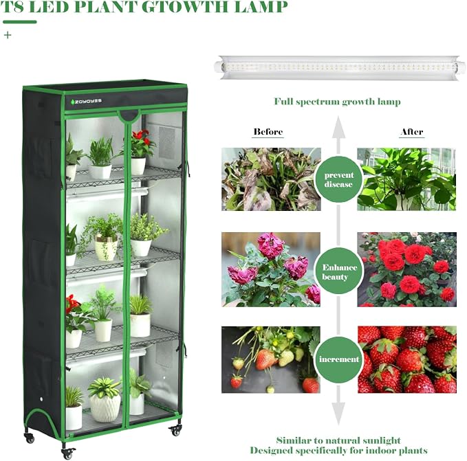 Indoor Greenhouse with Grow Light, Mini Greenhouse with Cover | 5-Tier Plant Shelf with 3-Color T8 Growth Light, Plant Stand with Smart Timing Plug and thermohygrometer, 35.8"x17.8"x71.8"