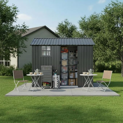 8x6 FT Outdoor Storage Shed,Galvanized Steel Heavy Duty Metal Tool Shed with Window & Vents,Sliding Door,Weatherproof Utility Shed for Backyard Patio Lawn,Gray