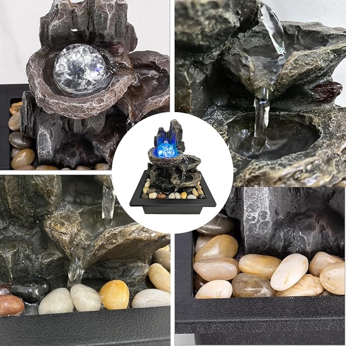 Indoor Tabletop Water Fountain Rotating Ball Rock Waterfall Fountain with Colorful Lights and Natural River Rocks, Zen Meditation for Home Office Decor (A)