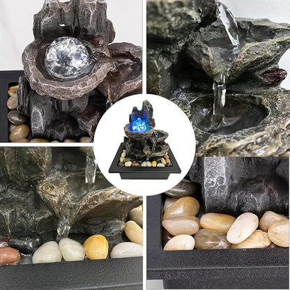 Indoor Tabletop Water Fountain Rotating Ball Rock Waterfall Fountain with Colorful Lights and Natural River Rocks, Zen Meditation for Home Office Decor (A)