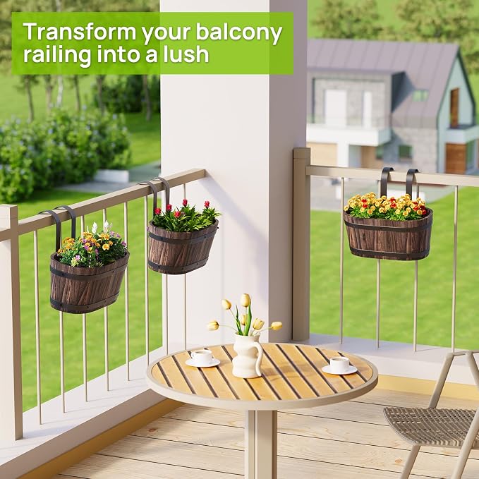 2PACK Wood Hanging Planter, Railing Planter Box, Carbonized, Small | Hanging Flower Pots, window boxes planters, For Fence Outdoor Plants, balcony planters, Countryside Style, Cute Design