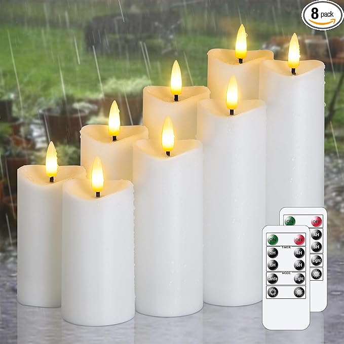 Waterproof Flameless 2.2" x4" 4" 5" 5" 6" 6" 7" 7" Pillar Candles with Remote Control and Timer, LED White Battery Operated Plastic Wave-Shaped Design Pack of 8 Outdoor Flickering