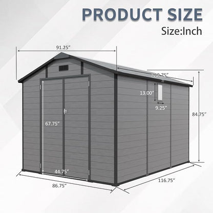 PVWIIK 8x10 ft Resin Outdoor Storage Shed with Floor & Window, Lockable Waterproof All-Weather Utility Shed for Garden Tools & Trash Bins, Gray